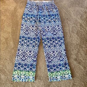 Etcetera Silky Bohemian Wide Leg Pants w Ankle Vent White Lotus Blue Green 4